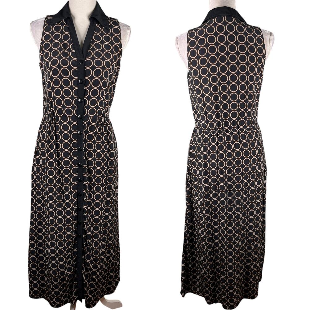 Talbots Pure Silk Midi Shirt Dress 6 Black Tan Pockets Lined